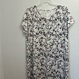 Floral V-Neck Shift Dress in Black & White with Pink Accents